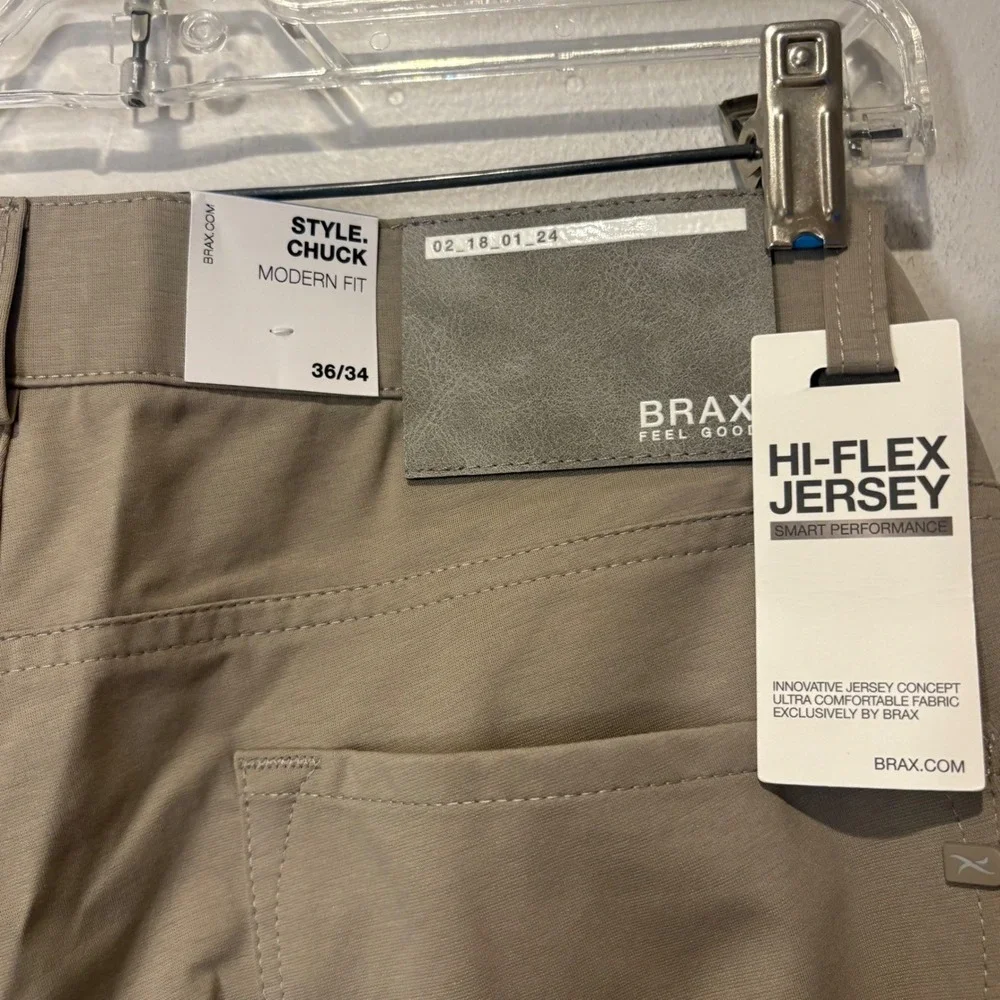 Brax Chuck Pants Mens 36/34 Tan Hi-Flex Jersey Modern Fit 5-Pocket Golf Office